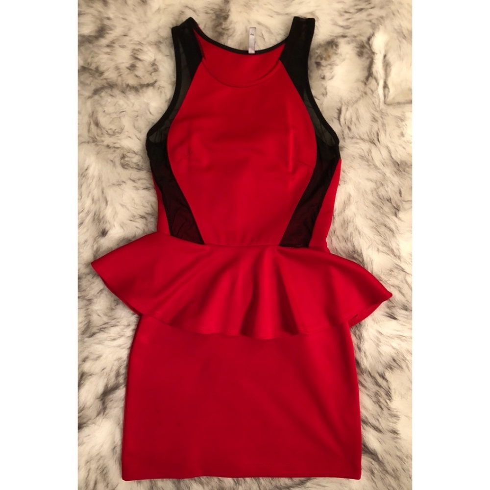 Red and Black Mesh Ruffle Waist Mini Dress